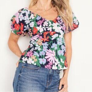 Old Navy Size XL Trapeze Blouse Top Floral Puff Short Sleeve Wide Neck Bohemian